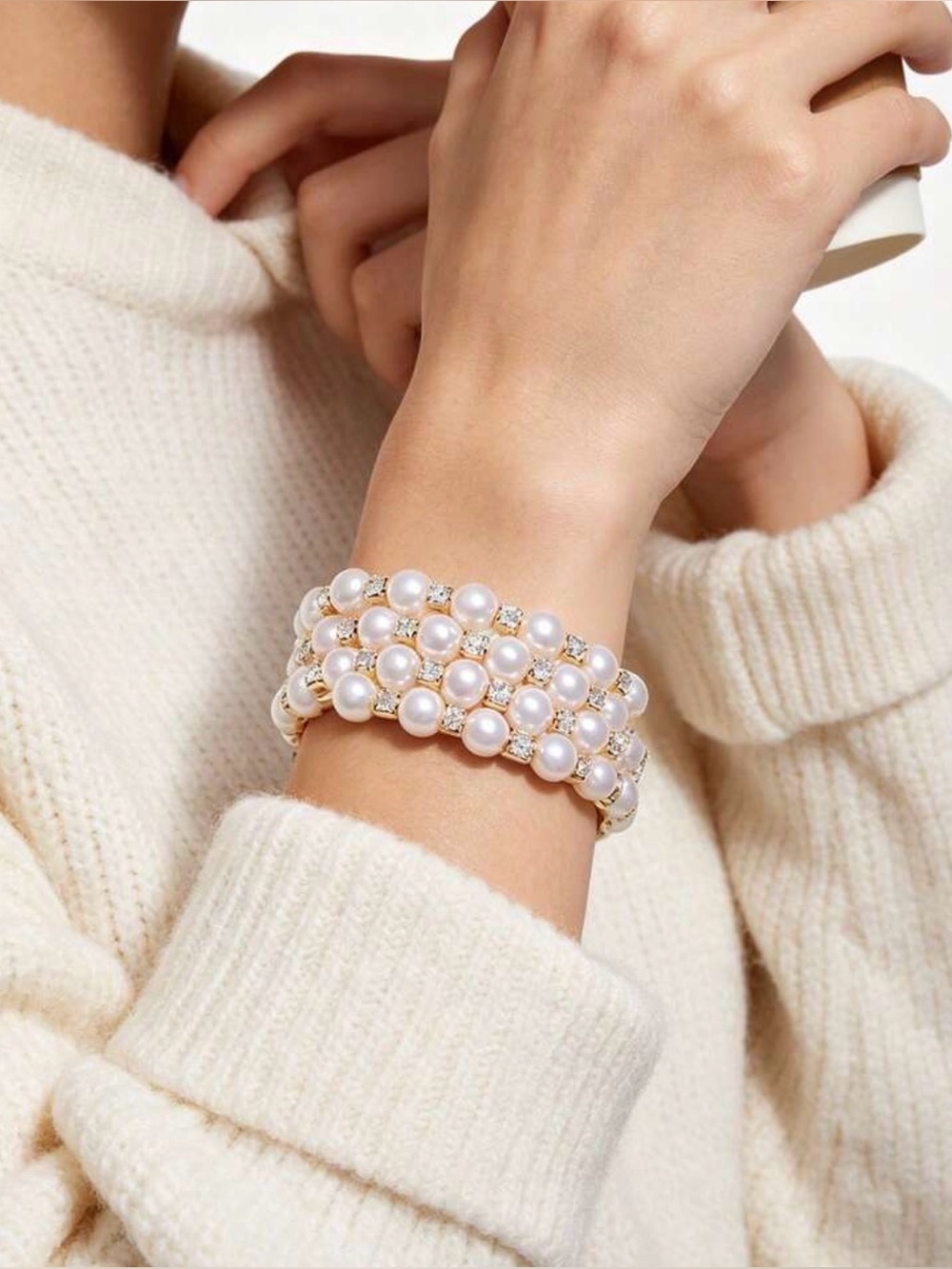 White Pearl and Gold-Tone Multi-Row Stretch Bracelet